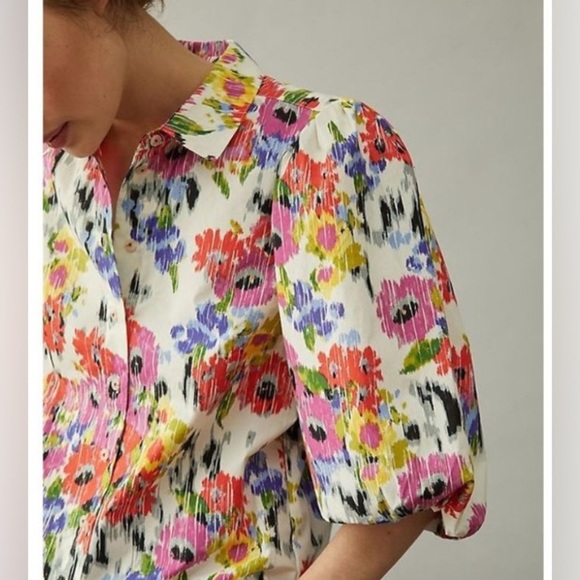ANTHROPOLOGIE MAEVE Rachael collared  Floral Blouse Balloon Sleeve Size Medium - Picture 3 of 12